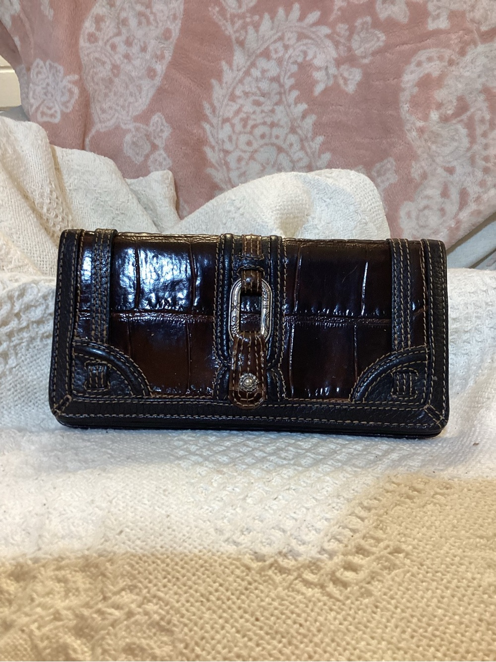 Vintage Brighton Croc-Embossed Gloss Leather Wallet in Dark Brown